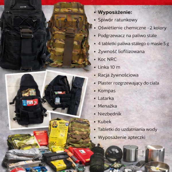 Plecak ewakuacyjny / taktyczny / ucieczkowy z wyposażeniem